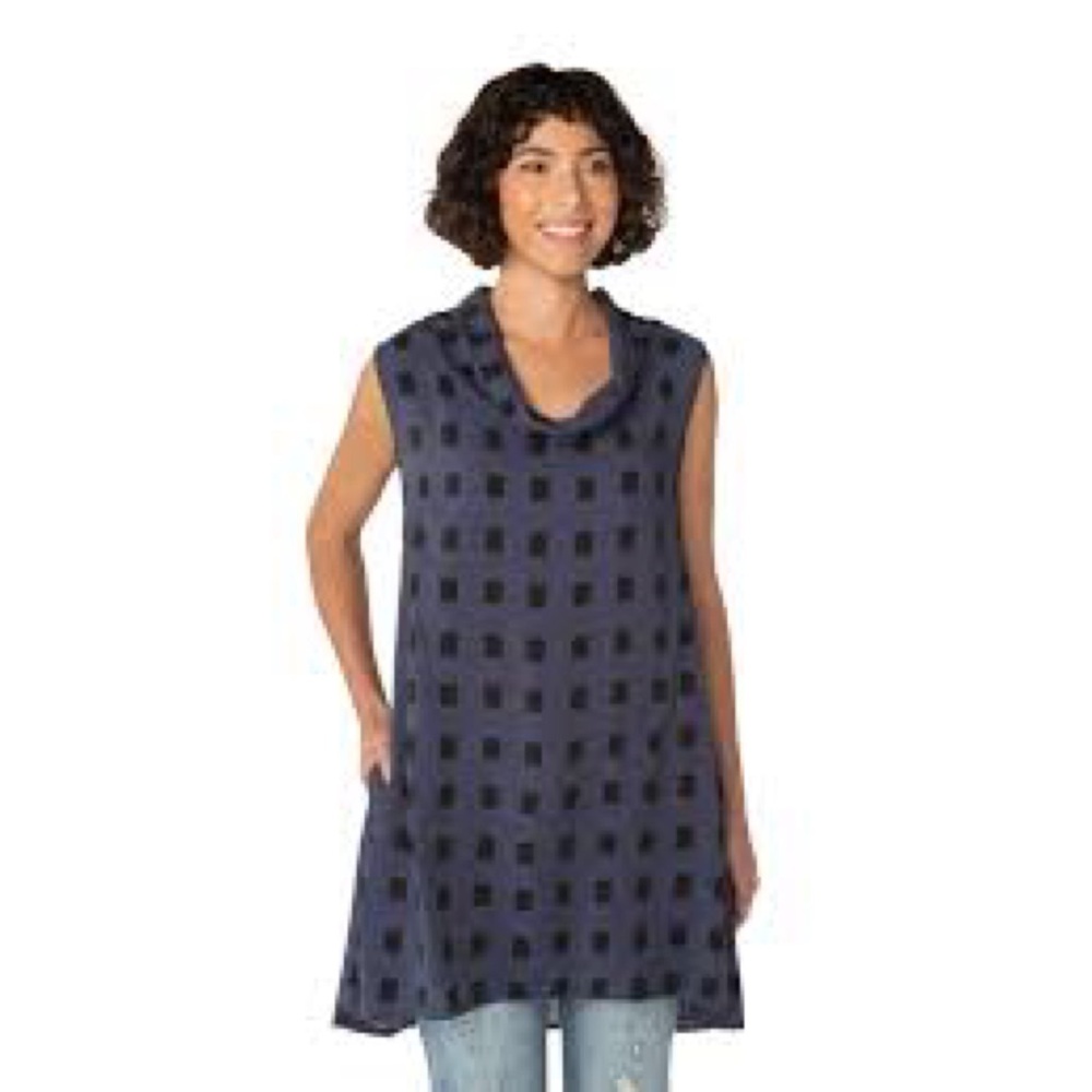 Cut Loose Cowl Tunic Geometric Print Rayon Crinkle Top Cap Sleeve Atlantic